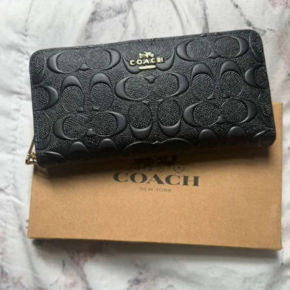 COACH Embossed Signature Black Leather Long Accordion Zip Wallet