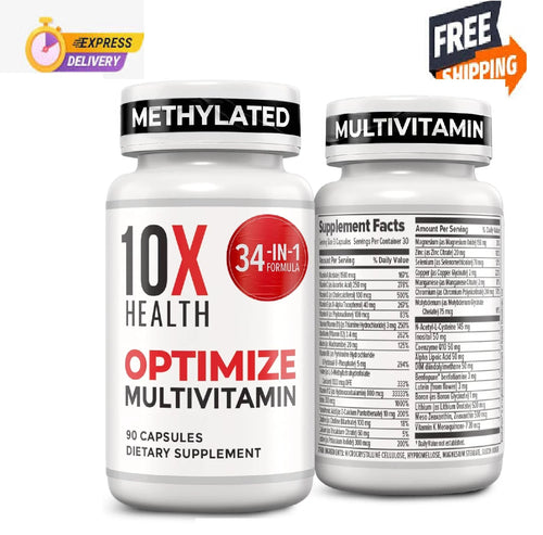 10X Health Optimize Methylated Multivitamin for Men - 90 Capsules, 34 in 1 Formu