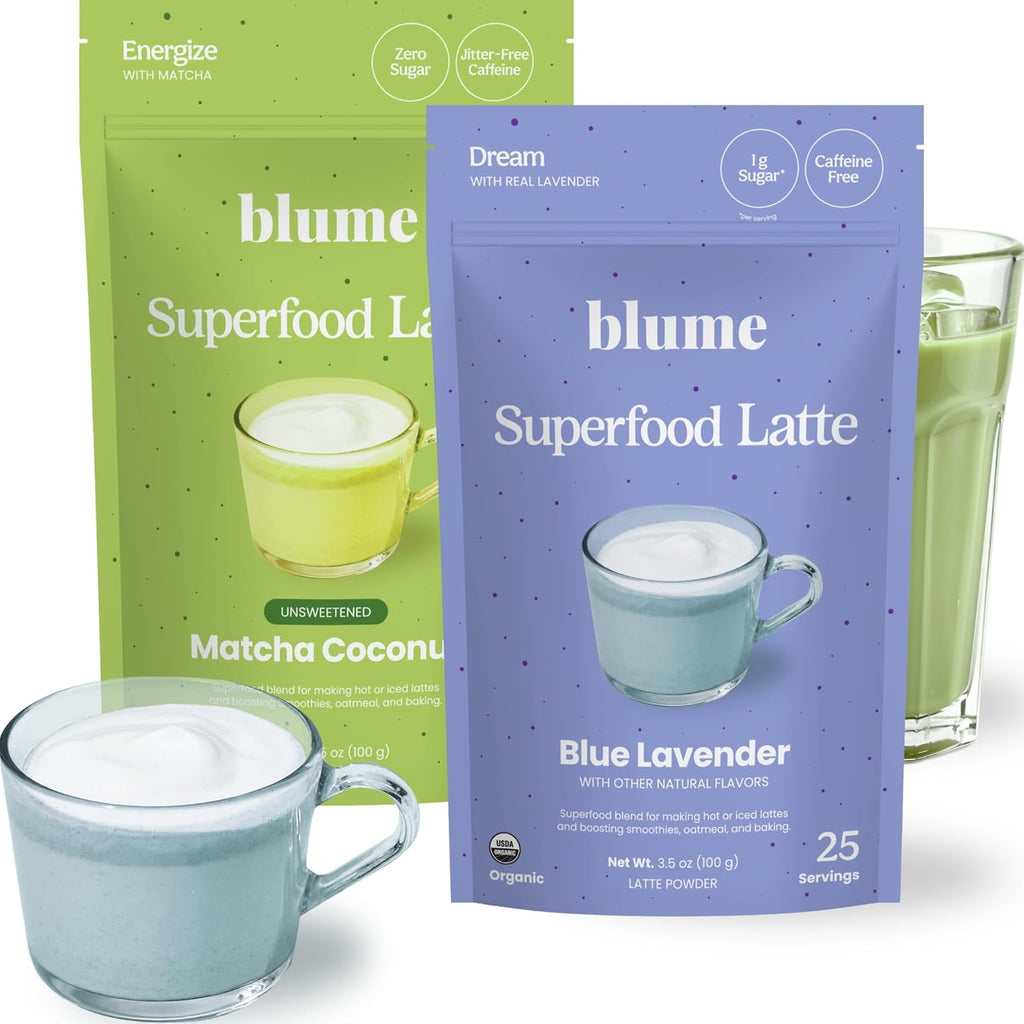 Organic Matcha, Coconut & Blue Lavender Latte Powder Variety Pack – Superfood Drink Mix (50 Servings) | Blume