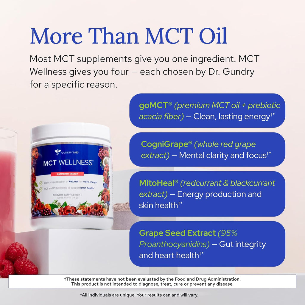 MCT Wellness Powder – Keto-Friendly Energy & Brain Support Drink Mix | Raspberry Medley | 30 Servings